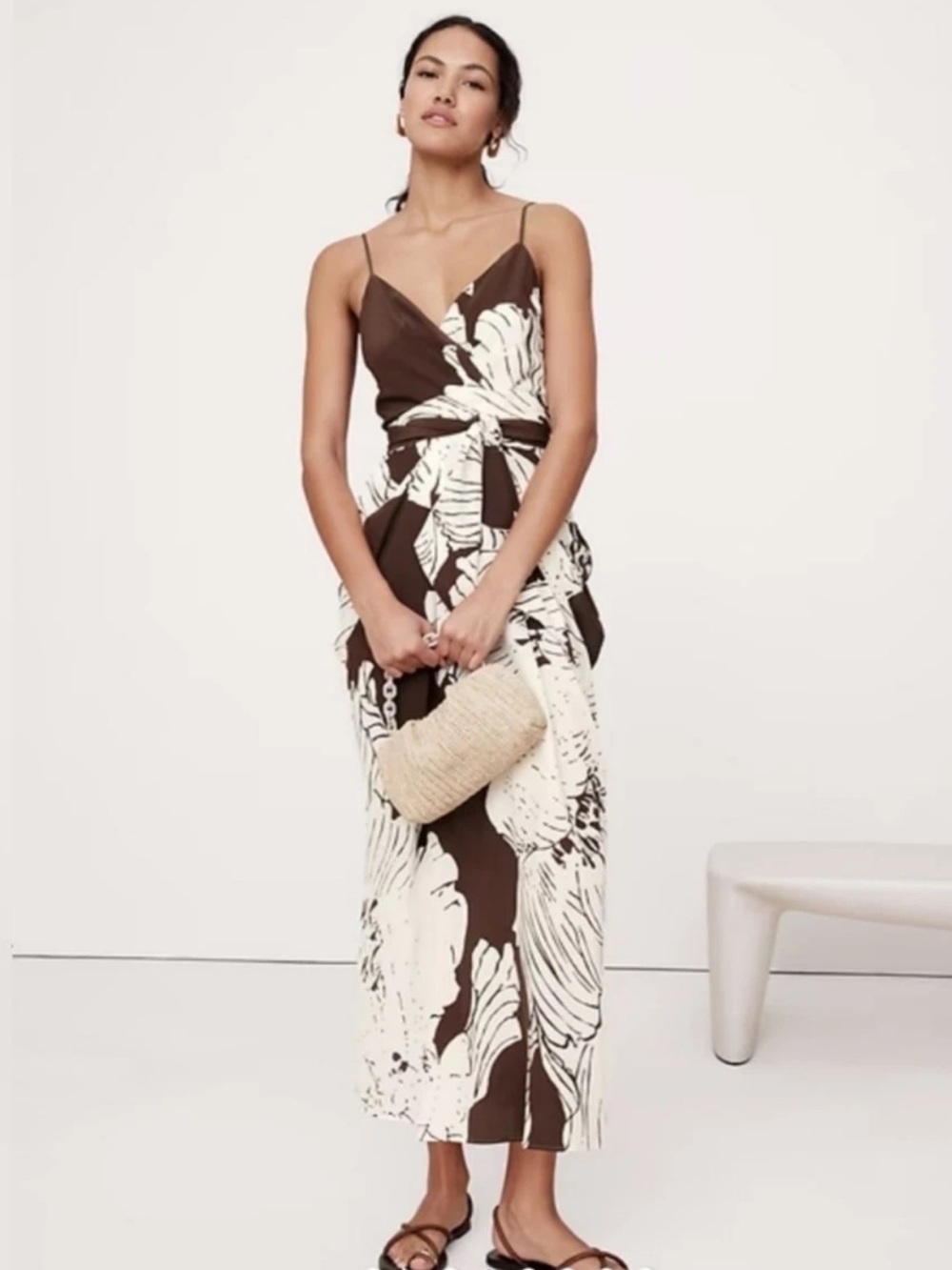 Banana Republic Brown and Cream Botanical Print Wrap Dress
